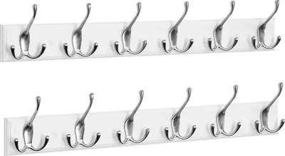 Produktbild von EUGAD Garderobenleiste 2 Stücke mit 6 Dreifachhaken silbern+Weiß, aus Metall MDF