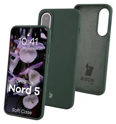 A dark green soft case for a OnePlus Nord 5 phone is shown, with the phone inside the case on the left and the back of the case on the right.