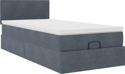 Image de Cadre de lit ottoman avec tête de lit, rangement hydraulique, matelas à ressorts ensachés et surmatelas, velours gris foncé, 90x200 cm