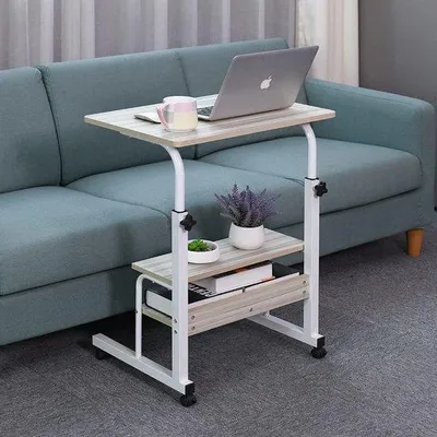 Obrázek produktu pro Uniqoos® Nastavitelný přenosný stolek ve tvaru "C" s kolečky – stolek k pohovce/posteli, rozměry 60 x 40 cm, bílý jasan, výška nastavitelná od 28" do 35,5", stolek na notebook s otevřenou přihrádkou, kov a MDF (15 mm)