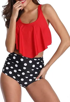 Produktbild von Bikini High Waist Damen Zweiteiliger Bikini Set Hohe Taille Bikinihose mit Langem Volant - XL
