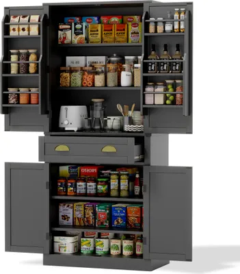 Obrázek produktu pro okwish Kuchyňská skříň, komoda, vysoká skříň, úložná skříňka, odkládací skříňka se 4 dvířky a 1 zásuvkou, s policemi, 6 úložných přihrádek a 4 nastavitelné police, černá