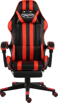 A gaming chair with a black and red striped design and a footrest is shown from the front.