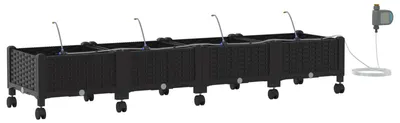 Productafbeelding van vidaXL Tuinplantenbakken met irrigatiesysteem en wielen, 4 stuks, zwart, PP-kunststof