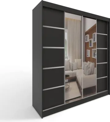 A black sliding door wardrobe with mirrored doors, reflecting a living room scene.