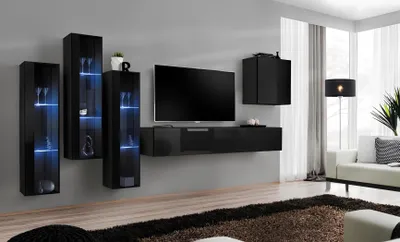 Produktbild von Schwarz Wohnwand Wohnzimmer Set Vitrine Schrank Wandregal 5tlg. Einrichtung