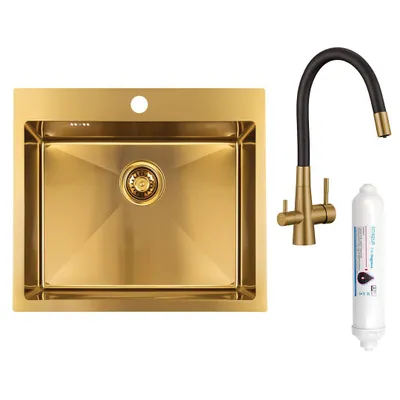Produktbild von Spülbecken mit einer Kammer, Siphon und Küchenarmatur mit Filtersystem, 1 Becken Spüle Gold