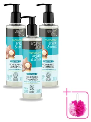 Imagen del producto de 3 champús naturales nutritivos de Organic Shop, con aceite de argán y amla, 280 ml cada uno. Pack de 3 unidades