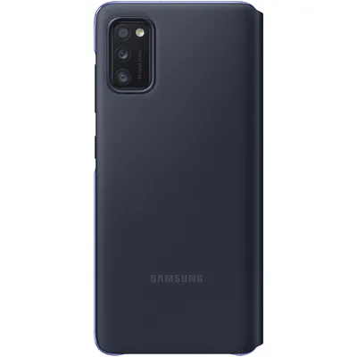 A dark blue Samsung flip case for a smartphone is shown from the back.