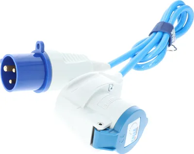 Produktbild von KALLE DAS KABEL CEE PUR Verlängerungskabel H07BQ-F 3G 2,5 mm² 1,5 Meter Stecker mit Sicherungsöse + Winkelkupplung 230 V 16A Schutzart IP44 Polyurethankabel BLAU WoMo-Kabel Stromkabel Campingkabel Campingverlängerung