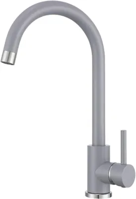 A modern gray kitchen faucet with a curved spout and a single lever handle, isolated on a white background.