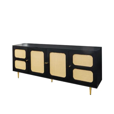 Produktbild von Schwarz-braunes TV-Schrank TV-Lowboard 180x40x60 cm Retro-TV-Moebel mit Rattanoptik Metallbeine Wohnzimmer