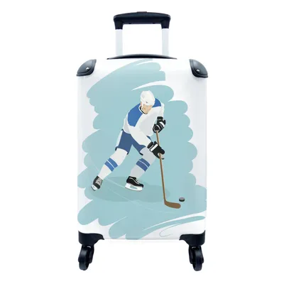 Produktbild von MuchoWow® Koffer Handgepäck Trolley Rollkoffer Kleine Reisekoffer mit 4 Rollen - Eine hellblaue Illustration eines Eishockeyspielers - Cabin Size < 55x40x23 cm & 55x40x20 cm - Fotokoffer - Kabinenkoffer - Boardgepäck - Reise-Box - Reisekoffer - Reisegepäck - Koffer mit Bild - Trolley für Kinder