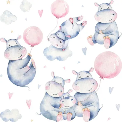 Produktbild von Wandaufkleber Kinderzimmer – Wandsticker für Baby & Kinder – Selbstklebende Wanddekoration – Abnehmbar ohne Rückstände – Deko für Mädchen & Jungen - Aquarell-Nilpferde mit Luftballons auf pastellfarbenem Hintergrund100x169 cm