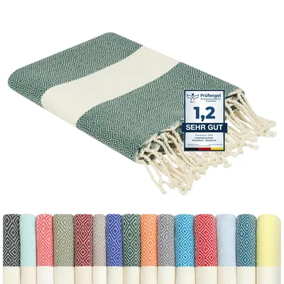 Produktbild von Strandtuch Baumwolle - groß, leicht, dünn, kompakt | Hamamtuch Saunatuch, Strandhandtuch - Damen & Herren | Farbe: Dunkelgrün, Größe: 100x200cm