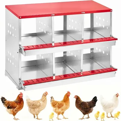 Produktbild von Legebox für Hühner - Metall-Nistkasten mit 6 Abteilen - Rollnest für einfache Eiersammlung - Schwerlast-Ausführung - Lüftungslöcher - Sitzstange - Rot