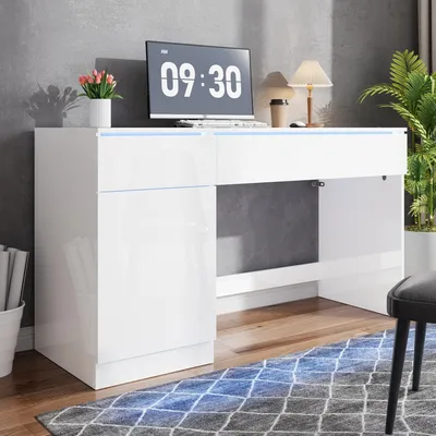 Zdjęcie produktu dla Biurko Merax z wysokim połyskiem i oświetleniem LED, nowoczesny biurko komputerowe z 2 szufladami i drzwiczkami, kompaktowe biurko i toaletka z miejscem do przechowywania, białe