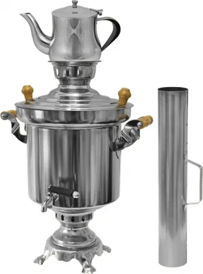 Produktbild von Edelstahl Holzkohle Samowar 5 Liter mit 0,9 Liter Teekanne + Schornstein , Holzkohlesamowar, Samawar, russische und türkische Tradition. Tee kochen am Grillplatz, Wasserkocher mit Kohle, Teekocher