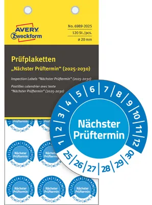 Produktbild von Avery Zweckform 6989-2025, Prüfplaketten, ? 20 mm, 8 Bögen, blau