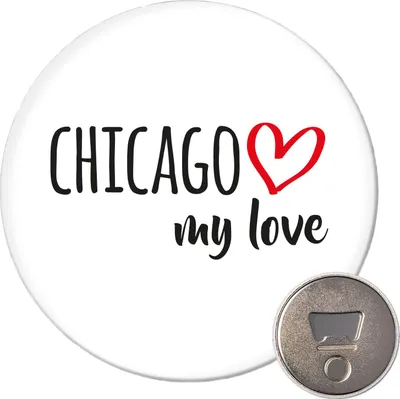 Produktbild von Huuraa Magnet Chicago my love 59mm Kühlschrankmagnet rund Flaschenöffner Geschenkidee