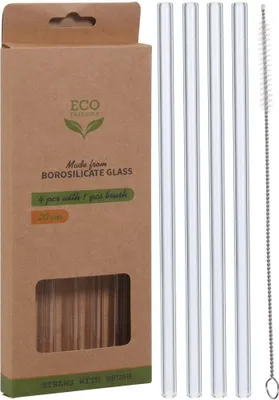 Image de Excellent Houseware Paille en VERRE écologique réutilisable 4 pièces + brosse de nettoyage