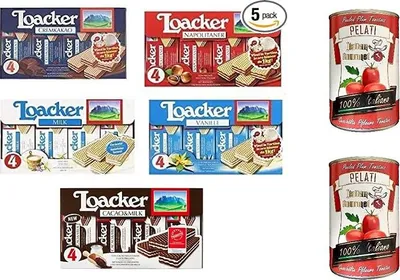 Produktbild von TESTPAKET Loacker milch, shoko, vanilla, Haselnuss e milch e shoko 5 x 180g + Italian Gourmet 100% italienische geschälte Tomaten dosen 2x 400g