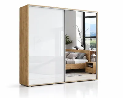 Produktbild von A7 Schiebetürenschrank mit Spiegel - Craft Gold, Fronten Weiß - 125 x 62 x 215 cm