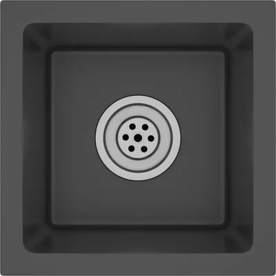 A top-down view of a black sink with a chrome drain.