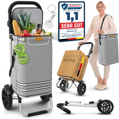 Produktbild von ELONEO Einkaufstrolley klappbar, Einkaufswagen mit Kühlfach, 3in1 Trolley, Sackkarre & Umhängetasche - Grau