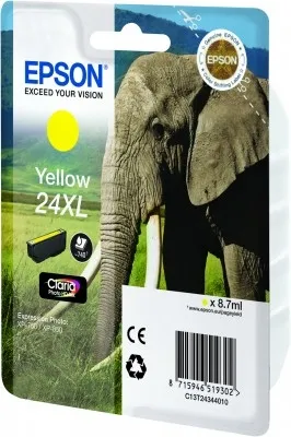 Zdjęcie produktu dla Epson Elephant Singlepack Yellow 24XL Claria Photo HD Ink, High (L) Yield, Żółty, Tusz na bazie pigmentu, 8,7 ml, 1 szt., Jednopak