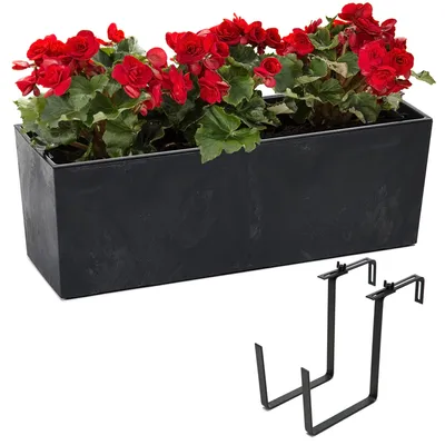 Zdjęcie produktu dla Zestaw donic balkonowych z wkładem betonowym w kolorze czarnym 56x19 H19.5cm + uchwyt metalowy czarny