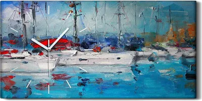 Produktbild von Wandkunst Leinwand Bild Uhr 60x30 Malerei Abstrakte Hafen schiffe Wasser - weiße Hände