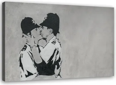 Produktbild von Leinwandbild küssende polizisten wandmalerei banksy 60x40 cm Feeby grau wandbild bereit zum aufhängen
