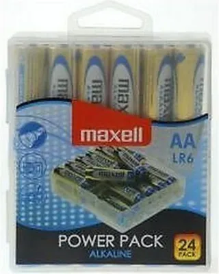 A package of Maxell AA alkaline batteries.