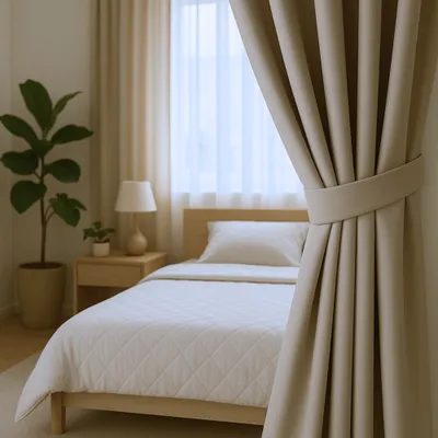 A bedroom scene with a bed, nightstand, plant, and curtains.