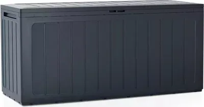 A dark gray storage box with a textured lid and vertical paneling on the front.