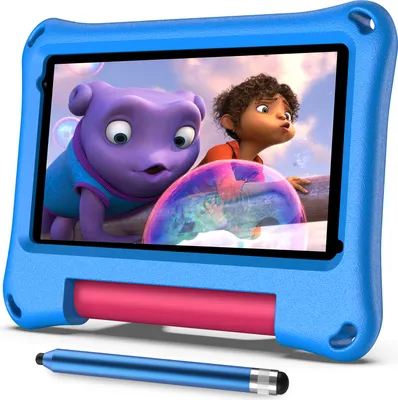 A blue tablet case with a pink handle, displaying a cartoon scene on its screen, with a blue stylus in the foreground.