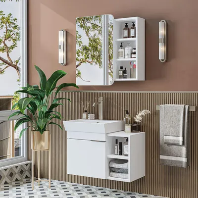 Image de Skye Decor, Ensemble de meubles de salle de bain moderne (2 pièces) comprenant un meuble-lavabo et un miroir, blanc