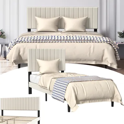 Produktbild von UISEBRT Stoff Plattformbett 140 x 200 cm, gepolstertes Kopfteil, Bettrahmen für Doppelbett, Bettgestell in Beigegelb, modernes Design für Schlafzimmer