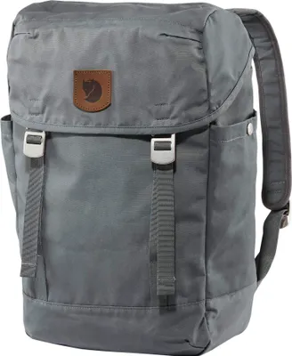 A gray backpack with a brown logo on a white background.
