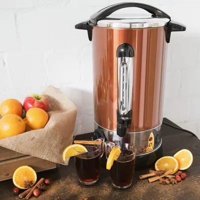 Produktbild von Navaris Glühweinkocher Heißwasserspender aus Edelstahl - 10l - mit Thermostat Füllstandanzeige Zapfhahn - Glühwein Heißgetränkeautomat Kupfer