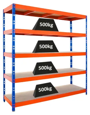 Produktbild von Profi Schwerlastregal Rhino | HxBxT 200x200x60cm | 5 Spanplatten-Ebenen 8mm | Fachlast 500kg | Blau/Orange