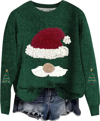 Produktbild von ASKSA Damen Lustige Weihnachtspullover Strickpullover Winter Rundhals Pulli Christmas Sweater Langarm Oberteile Warm Weihnachtspulli,E-Gruen,L