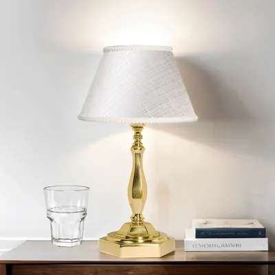 Produktbild von Tischleuchte 24 cm E14 Gold Weiß Stoff Messing Klassisch Tischlampe