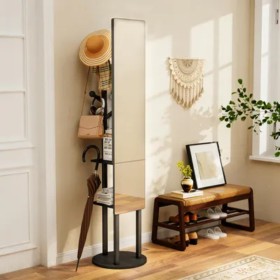 Produktbild von MODFU Multifunktionaler Garderobenständer mit Ganzkörperspiegel,360° Drehbarer Garderobe mit mit Haken,Freistehender Kleiderschrank,Schwarz