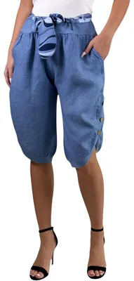 Productafbeelding van 2081 Mississhop Dameslinnen Bermuda Broek. 100% linnen, kort, comfortabel, luchtige broek voor vrije tijd. Jeansblauw, maat M