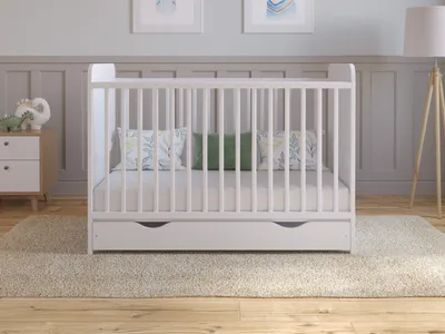 Produktbild von Babybett Beistellbett 120x60 cm mit Schublade & Matratze - Kinderbett Gitterbett Baby Bett Holz Weiß,Umwandelbar in Juniorbett