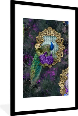 Produktbild von MuchoWow® Gerahmtes Poster Muster - Blumen - Pfau 60x90 cm - Poster mit Schwarzem Bilderrahmen Wandposter Rahmen Foto Bilder - Dekoration - Wandposter Wohnzimmer - Hochwertig