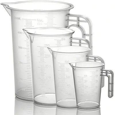 Obrázek produktu pro Sada odměrných kelímků, 4 kusy, objemy 50 ml, 100 ml, 500 ml, 250 ml, průhledné, odolné vůči teplu, plast