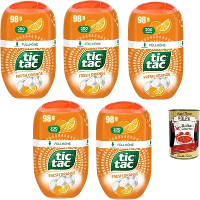 Produktbild von Arancia- Süßigkeiten mit sehr feiner Zuckerabdeckung und eine Orangen -Geschmacksfüllung, glutenfrei, 5 Packung mit 200 zuckerhaltigen Mandeln + Italian Gourmet polpa 400g